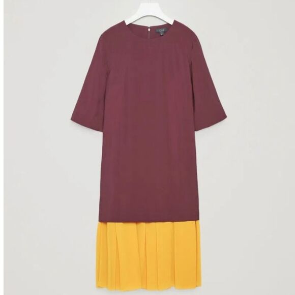 COS burgundy and gold drop‎ waist pleated hem chiffon dress 4 - Picture 1 of 12